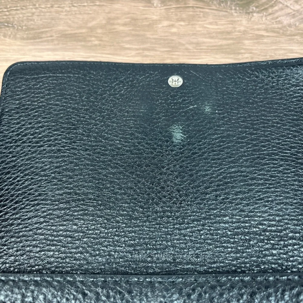 Michael Kors Continental Fulton Flap Wallet Black Pebbled Leather Silver Logo
